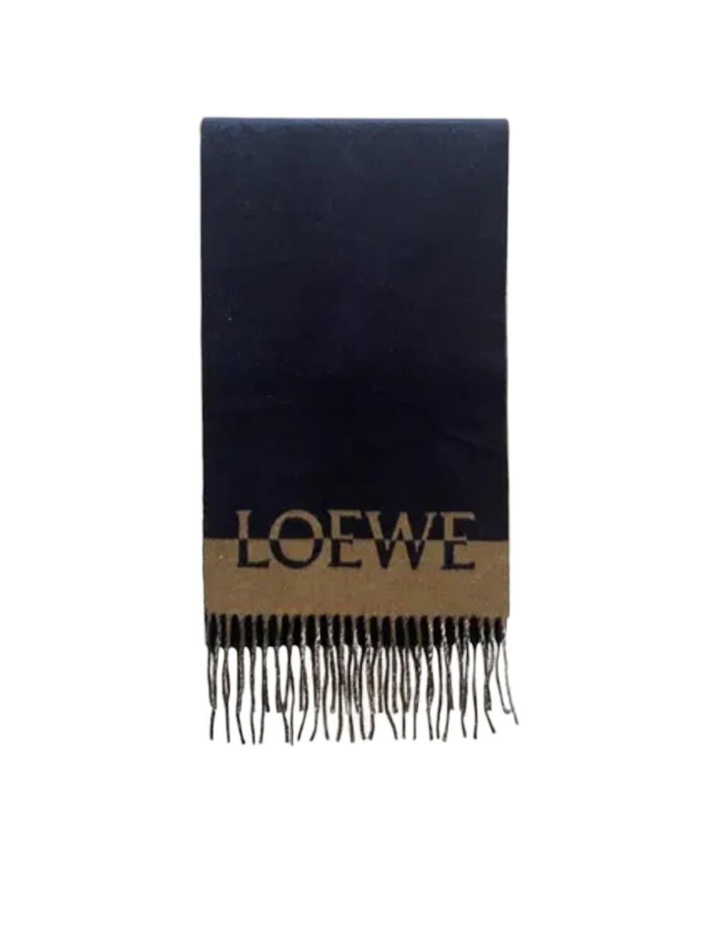 Loewe‎ Navy Blue Beige Wool Cashmere Authentic Minimalist Luxury Fringe Scarf
